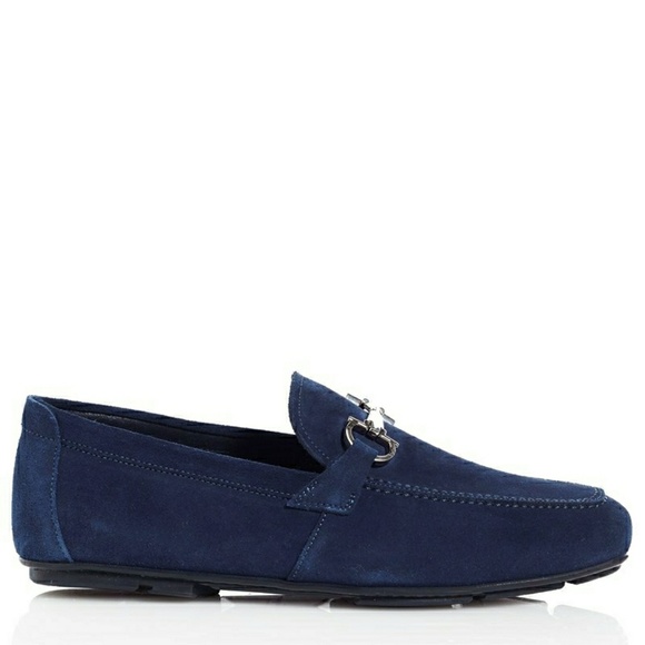 New! SALVATORE FERRAGAMO Blue Suede Bit Loafers - Picture 4 of 8